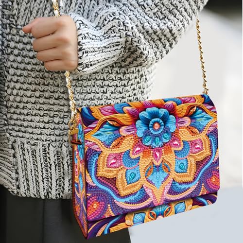 C'eitura Diamond Art Painting Wooden Shoulder Bag, 5D DIY Rhinestone Mandala Floral Chain Purse with Colorful Boho Pattern, Wooden Clutch Handbag Craft Gift - color: SKB207