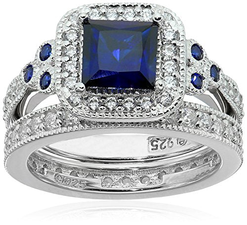 Amazon Essentials Platinum or Gold Plated Sterling Silver Antique Ring set with Asscher-Cut Infinite Elements Cubic Zirconia - color: Created Blue Sapphire/Platinum, size: 6