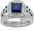 Amazon Essentials Platinum or Gold Plated Sterling Silver Antique Ring set with Asscher-Cut Infinite Elements Cubic Zirconia - color: Created Blue Sapphire/Platinum, size: 6