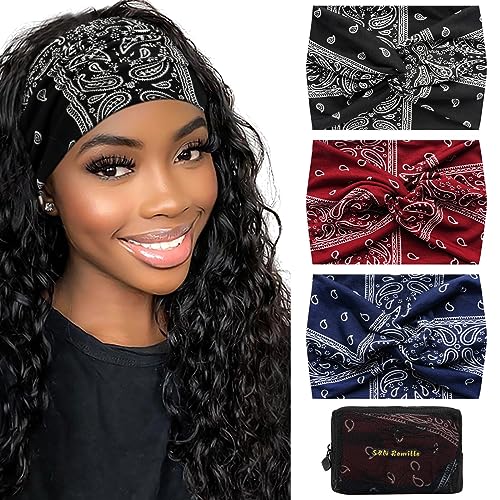 S&N Remille Wide Headbands for Women, Large Hairband, Elastic Non-Slip Headband Twist Knotted Accessories, Yoga Workout Vintage Hair 3 Pack - color: Colour-1