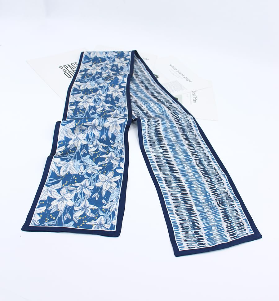 ANDANTINO 100% Silk Scarf for Women 59”*6.3” Long Shawls for Headscarf and Neck- Oblong Hair Wraps with Gift Packed - color: Blue&white Lilies