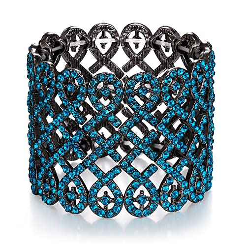 EVER FAITH Art Deco Love Knot Wide Stretch Bridal Bracelet Austrian Crystal - color: Blue Topaz Color Black-Tone
