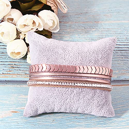 FANCY SHINY Hematite Leather Wrap Bracelets Beaded Healing Stone Cuff Bracelet Rhinestone Boho Jewelry Gift for Women with Clasp - color: Rose Gold