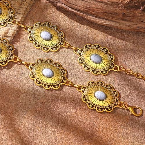 XZQTIVE Women Boho Chain Belts For Dresses Jeans Western Cowgirl Waist Links Belt Adjustable Metal Concho Belt - color: White Turquoise Gold, size: Fit Waist up to 46 In