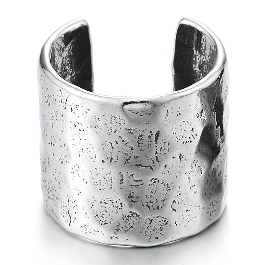 Stainless Steel Ear Cuffs for Men and Women, Hammered Texture Wide Band, Non-Piercing Fake Earrings, Antiqued Silver Tone Jewelry, Gift for Him