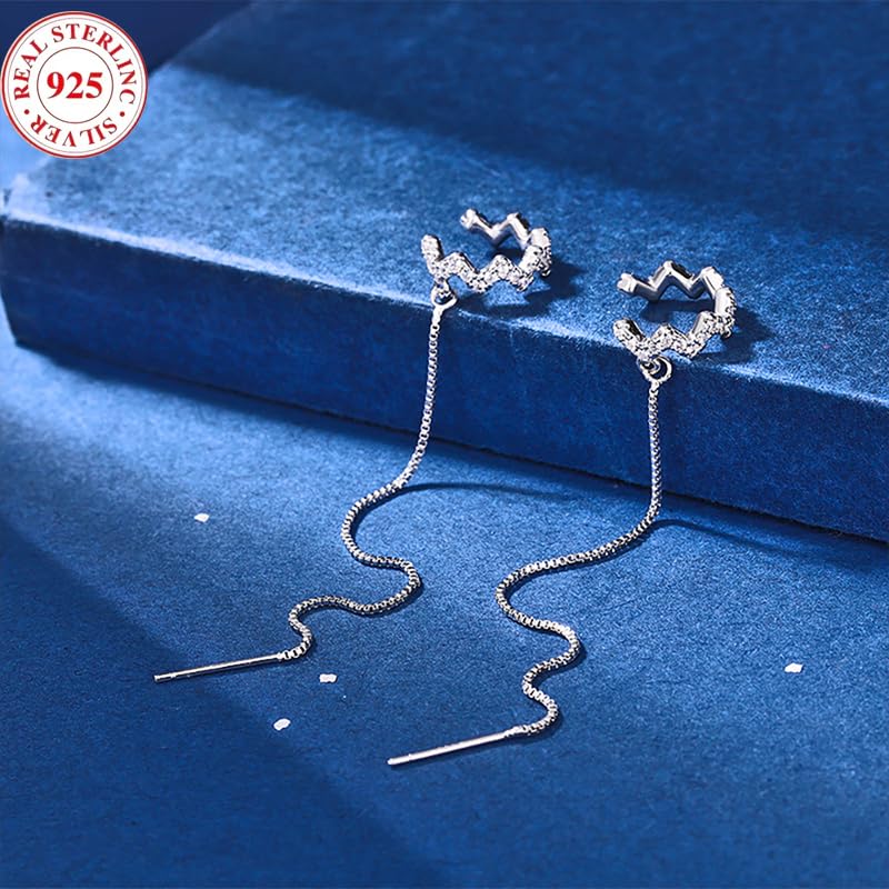 Vitaltyextracts 925 Sterling Silver Wave Cuff Earrings with Sparkly Cubic Zirconia Wrap Tassel Threader Chain Dangle Earrings for Women