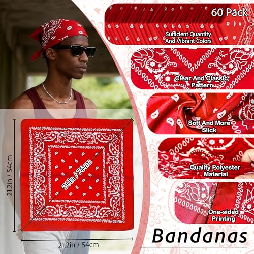 ILHSTY 60 Pcs Women Men Paisley Bandanas Bulk Unisex Bandanas Head Cowboy Scarf Necktie handkerchief Party Supplies - color: Red