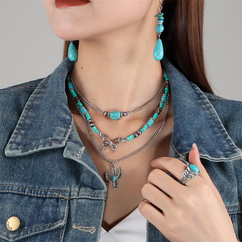 Pingyongchang Boho Layered Western Turquoise Necklaces for Women Vintage Stone Beaded Chokers Butterfly Catus Chain Country Concert Cowgirl Cowboy Jewelry Holiday Gifts - style: D Catus
