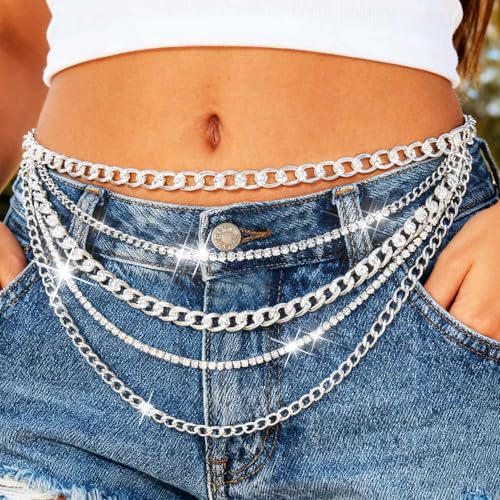 Nicute Gold Chain Belt Layered Waist Chain Sparkly Body Chain Jewelry for Women - color: Silver