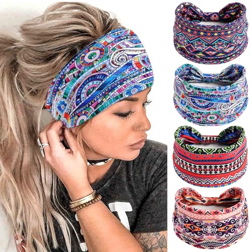 FULZTEY Wide Headbands for Women Fashion Boho Headwraps African Style Large Hair Bands Knotted Thick Turbans Stretchy Bandanas Sport Workout Hair Scarf Hair accessories for Teen Girls 4Pcs - color: Style 81