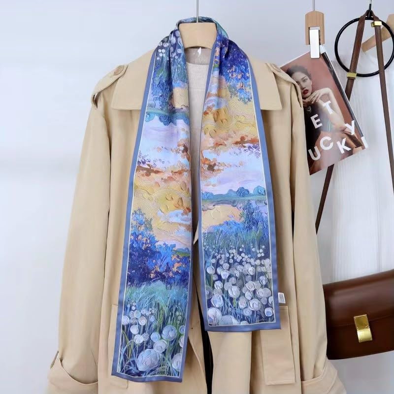 ANDANTINO 100% Silk Scarf for Women 59”*6.3” Long Shawls for Headscarf and Neck- Oblong Hair Wraps with Gift Packed - color: Oil Painting-blue