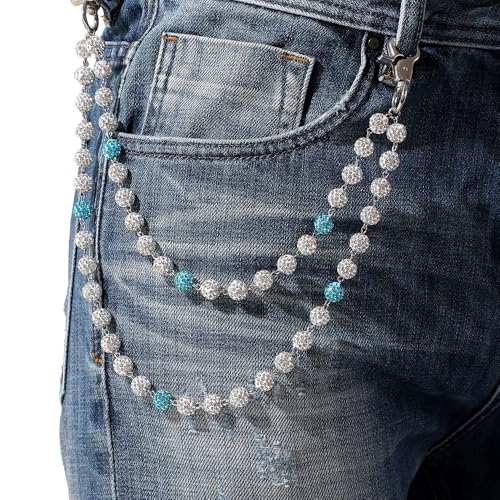 Rhinestone Ball Jeans Chain, Double Layer Crystal Waist Chain, Silver & Blue Sparkly Bling Pants Chain, Hip Hop Belt Chain Accessories for Women Men, Y2K Punk Aesthetic for Party, Festival, Everyday Wear - color: Blue