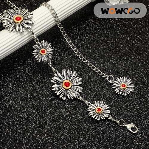 Western Turquoise Chain Belt for Women with Daisy Pattern Cowgirl Concho Metal Waist Belt for Boho Country - color: 3-silver(red Stone), size: Fit for Mid Waist up to 51"