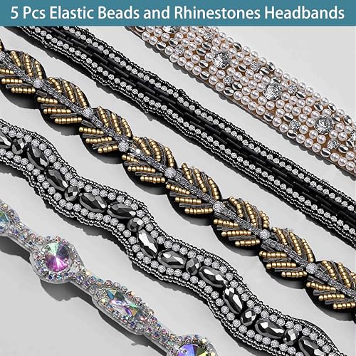 Teenitor 5pcs Elastic Rhinestone Beaded Headbands, Jeweled Head Bands for Women's Hair, Hair Headbands Hat Bands for Women Girls