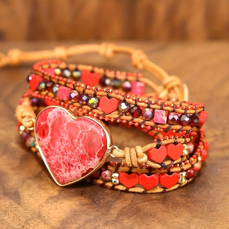 Women Wrap Bracelet Boho Natural Jasper Crystal Stone Beads Strand Bracelets - color: Red Heart