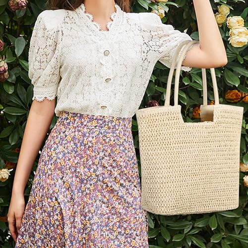 WantGor Straw Beach Bags, Women Summer Woven Tote Bag Large Boho Shoulder Handbags Casual Travel Beach Bag Foldable Hobo Bags - color: Beige