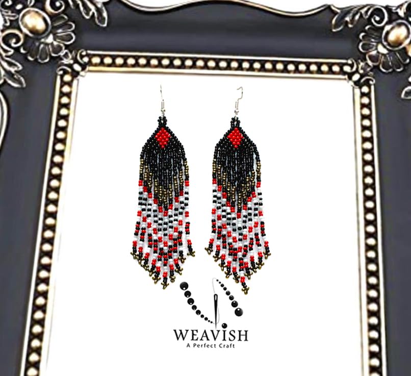 Long Beaded Dangle Earrings – Boho Native Handmade Seed Bead Tassel Bohemian Large Statement Drop Fringes for Women - color: Black & Whait