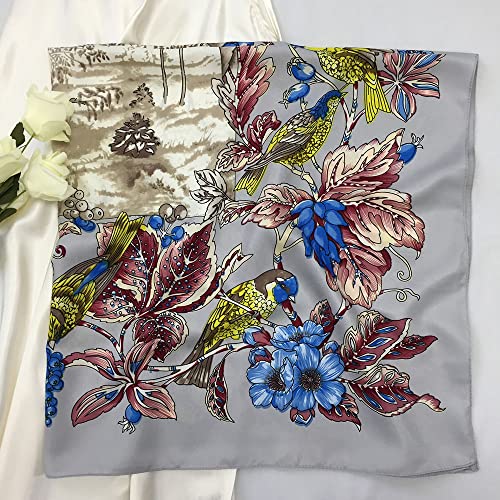 Julunar Silk Like Head Scarf for Women - Satin Large Hair Scarves - 35" Square Silk Hair Wrap for Sleeping with Gift Packed - color: B007-4 Flower White