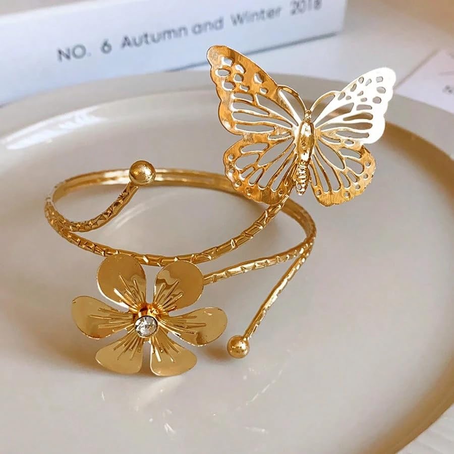 Gold Arm Cuff Bracelet Adjustable Upper Arm Cuff Bangle Butterfly Flower Bracelet Summer Beach Essentials Jewelry for Wome - style: flower+butterfly
