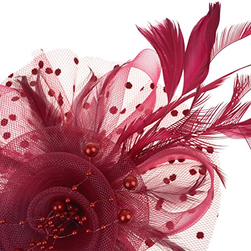 DRESHOW Fascinators Hat Flower Mesh Ribbons Feathers on a Headband and a Clip Tea Party Headwear for Girls and Women - color: 7" Diameter / Burgundy