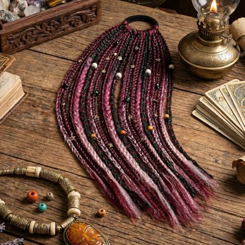 SEIKEA Boho Braided Ponytail Extension on Hair Tie, 16" Full Volume Lightweight Viking Dreadlock Ponytail Braid in Dreadlock Extensions with Beads and Shells, Festival Hair Accessories for Women Girls - color: Midnight Burgundy Blend