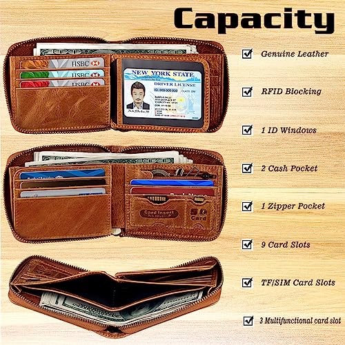 Admetus Mens RFID Blocking Wallets Zipper Leather Wallet for Men Bifold RFID Card Holder - color: Brown665