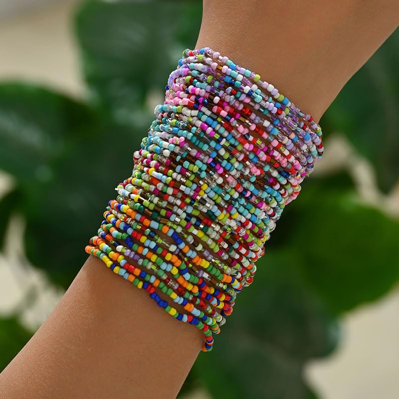 Caiyao 36Pcs Colorful Elastic Seed Beaded Bracelets Set Bohemia Multilayer Rainbow Beaded Stretch Bracelet Anklet Adjustable Glass Beads Wristbands for Women Summer Beach Boho Vaction Jewelry - style: StyleA 30pcs