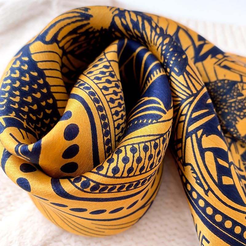 MEISEE 100% Pure Mulberry Silk Scarf 21" Square Scarf Neckerchief Headscarf Breathable Lightweight for Women Gift Packed - color: Golden + Dark Blue Silhouette