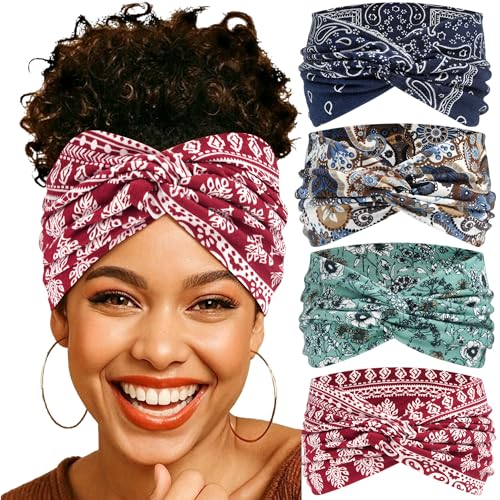 4 Pack Wide Women’s Headbands Boho Twist Turban Headband Non-Slip Elastic Workout Yoga Cross Hair Band Stretchy Hair Wrap Accessories for Girls - color: Bohemia-2