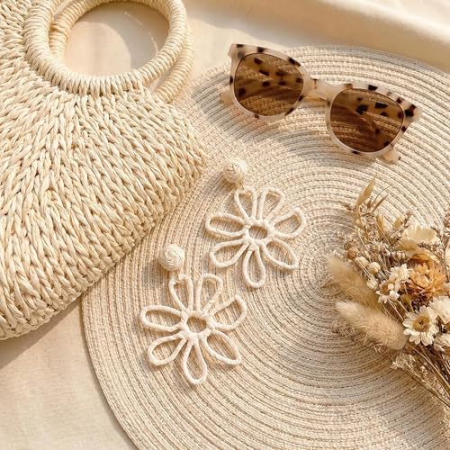 Woven Raffia Rattan Earrings for Women, Boho Flower Hoop & Drop Dangle Earrings Collection, Handmade Summer Beach Vacation Statement Earrings for Party Daily Wear - color: Raffia Flower Stud