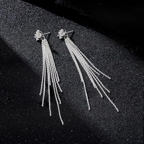 NECOCY Gold Dangle Earrings for Women Non Tarnish 14K Gold Plated Drop Wedding Hypallergenic Earring Dainty Long Hanging Chain CZ Pearl Threader Earrings Trendy Silver Plated Jewelry for Women - style: Silver&Style11