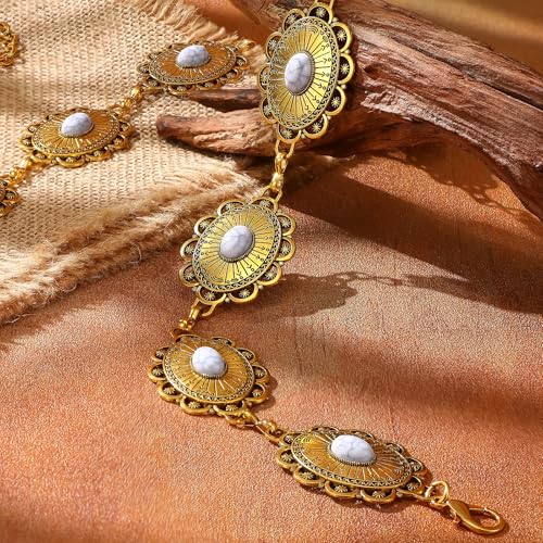 XZQTIVE Women Boho Chain Belts For Dresses Jeans Western Cowgirl Waist Links Belt Adjustable Metal Concho Belt - color: White Turquoise Gold, size: Fit Waist up to 46 In
