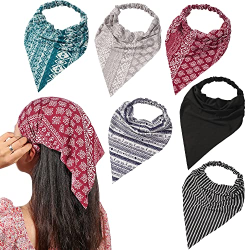 Vercret 6 Pack Hair Scarf Headband for Women Elastic Bandana Head Scarf Large Boho Triangle Kerchief with Clips Non Slip Scarves - color: C Pack Floral