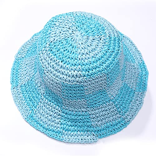 Sun Hats Checkerboard Straw Bucket Hat for Women Packable Crochet Wide Brim Floppy Beach Hats Traveling Summer Accessories - color: Blue