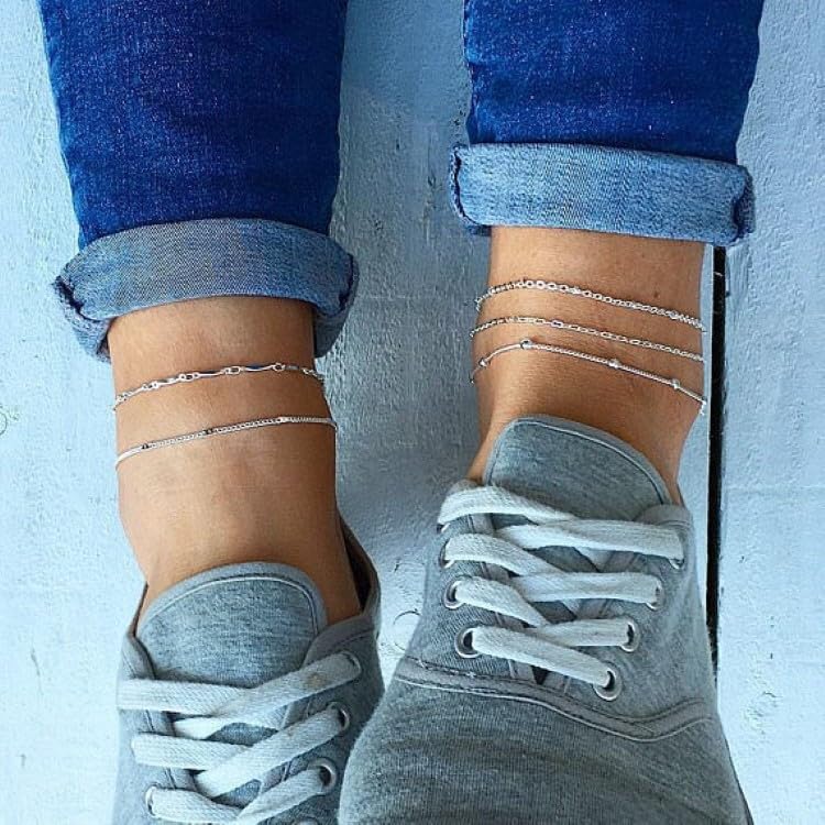 5-Pack Layered Anklet Set for Women, Simple Minimalist Adjustable Anklets, Boho Beach Foot Chain Jewelry, Silver & Gold Tone, Fashion Everyday Accessories, Summer Gifts