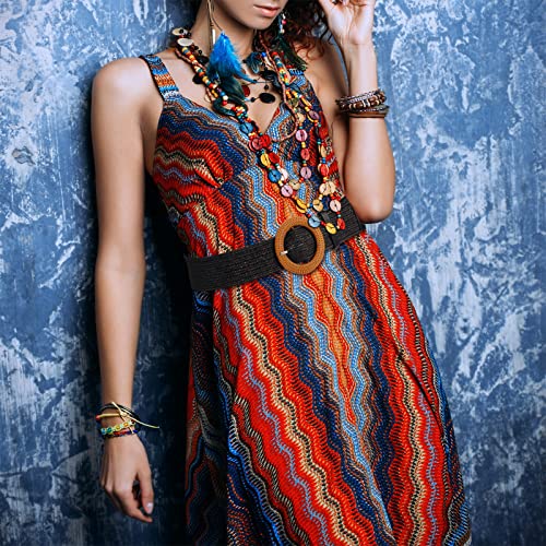 2 Pieces Women Straw Woven Elastic Stretch Waist Belt Skinny Dress Braided Waist Belt with Wooden Style Buckle - color: Black and Khaki