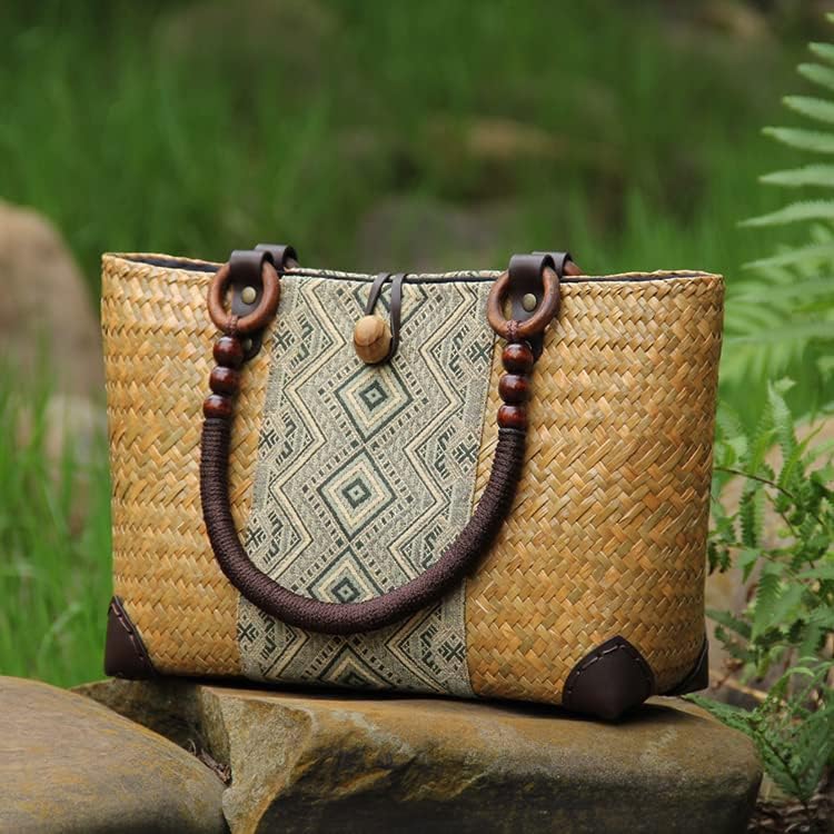 Straw Bag for Women, Summer Beach Handmade Rattan Tote Bag, Boho Retro Straw Woven Handbag, Large Beach Vacation Bag (Natural)