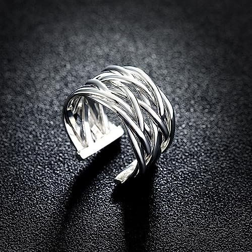 Handmade Rings 925 Sterling Silver Statement Rings Adjustable Chunky Stacking Band Ring for Women - color: Pattern 2