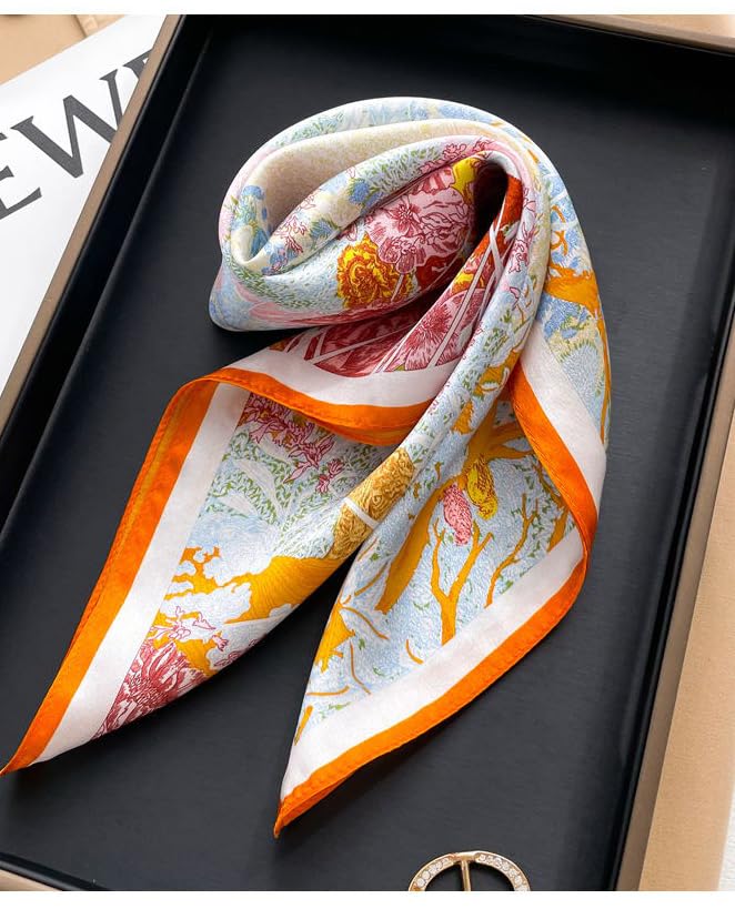 MEISEE 100% Pure Mulberry Silk Scarf 21" Square Scarf Neckerchief Headscarf Breathable Lightweight for Women Gift Packed - color: M3 Orange Beige Flower
