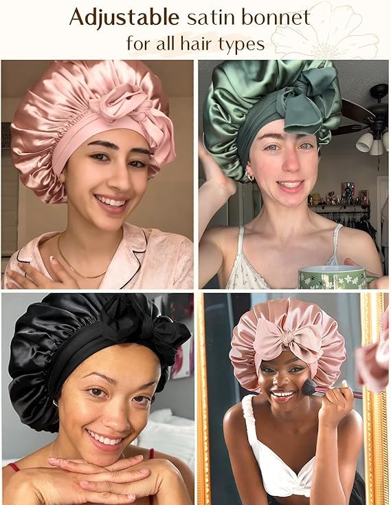 YANIBEST Adjustable Satin Bonnet for Sleeping Women Double Layer Hair Wrap Reduce Friction Prevent Frizz Natural Curly Hair - color: Burgundy