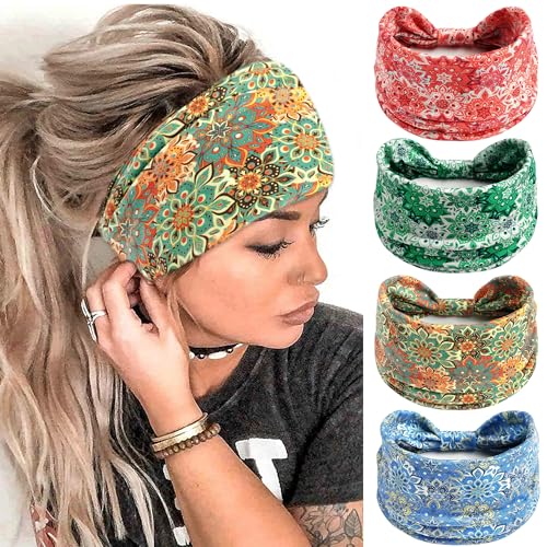 FULZTEY Wide Headbands for Women Floral Printed Boho Hairband Elastic Knotted Bandana Non Slip Workout Yoga Thick Turban Head Wrap Fashion Hair Accessories for Teen Girls 4Pcs - color: Style 78