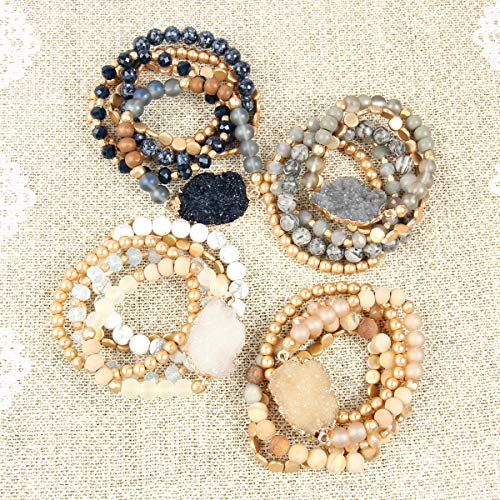 RIAH FASHION Bohemian Acrylic Druzy Multi-Layer Bead Statement Bracelet - Versatile Faux Stone Pendant Stretch Strand Stackable Cuff Bangle Set Sparkly Crystal - color: Acrylic Druzy & Natural Stone Bead Grey Jasper