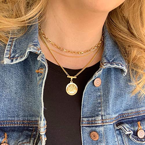 6PCS Layered Gold Necklaces for Women Trendy, 18K Gold Plated Cross Pendant Necklace Set, Vintage Chunky Gold Necklace Stack for Women Jewelry Gifts - style: 3PCS Layered Necklace