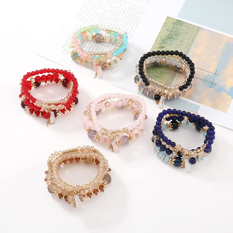 FUTIMELY Bohemian Crystal Beaded Bracelets Set for Women,Dainty Handmade Multilayer Colorful Charm Bracelet Beaded Stackable Stretch Bracelet Jewelry - color: Pink