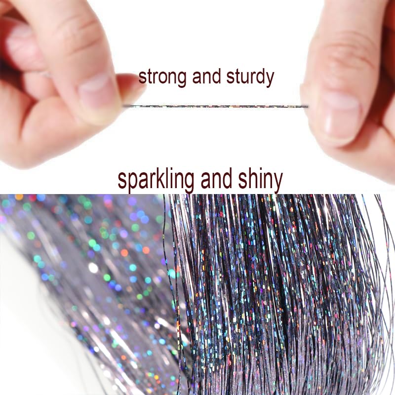 Celinebella Charcoal Grey Hair Tinsel, 48" 1250 Strands Smoky Shimmer | Unique smoky gunmetal gray with cool blue undertones, trendy edgy, heat resistant, for fashion daily wear - color: 18-Gunmetal Holographic, size: 48 Inch Pack of 5Pcs