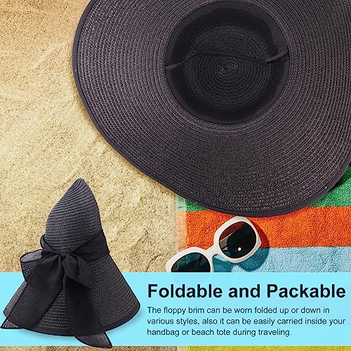 DRESHOW Beach Hats for Women Big Straw Wide Brim Summer Hat Floppy Foldable Roll up Cap Sun Hat UPF 50+ - color: Aca Black 5.9