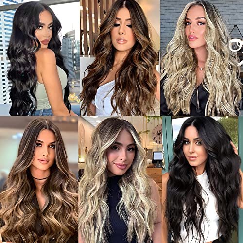 Clip in Natural Hair Extensions Long Wavy 4PCS Thick Hairpieces Dark Ash Blonde Mixed Bleach Blonde Double Weft Synthetic 20 Inch for Women (4pcs, 20Inch, 16H613#) - color: 16H613-Dark Ash Blonde Mixed Bleach Blonde