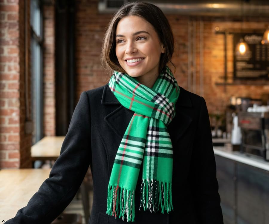 VERONZ Super Soft Classic Cashmere Feel Winter Scarf - color: Green Plaid