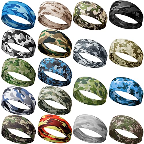 18 Pcs Sports Sweatbands for Men Women Camo Headbands Workout Non Slip Headbands Breathable Head Band Fitness Stretchy Unisex Hairband for Yoga Running Cycling Ball - color: Camouflage