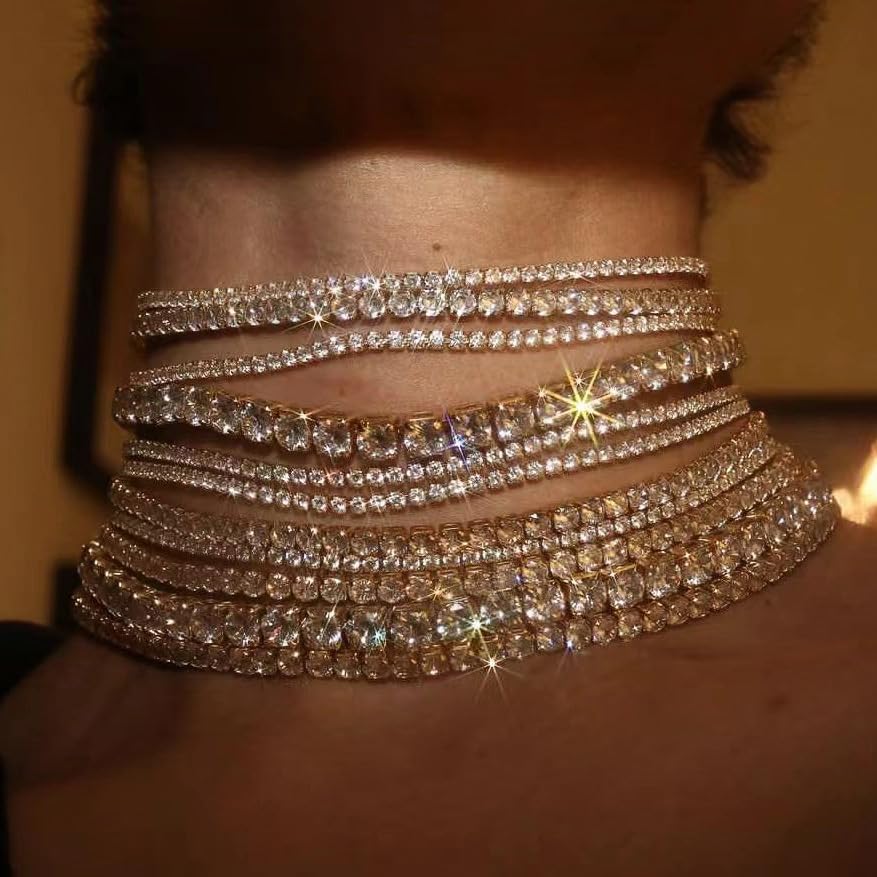 Rhinestone Bling Multi-layered Faux Diamond Choker Necklace for Women Unisex,Sparkly Iced Out Tennis Shiny Collar Neclace Prom Party Formal Dressy Necklace Statement Crystal Jewelry - color: silver